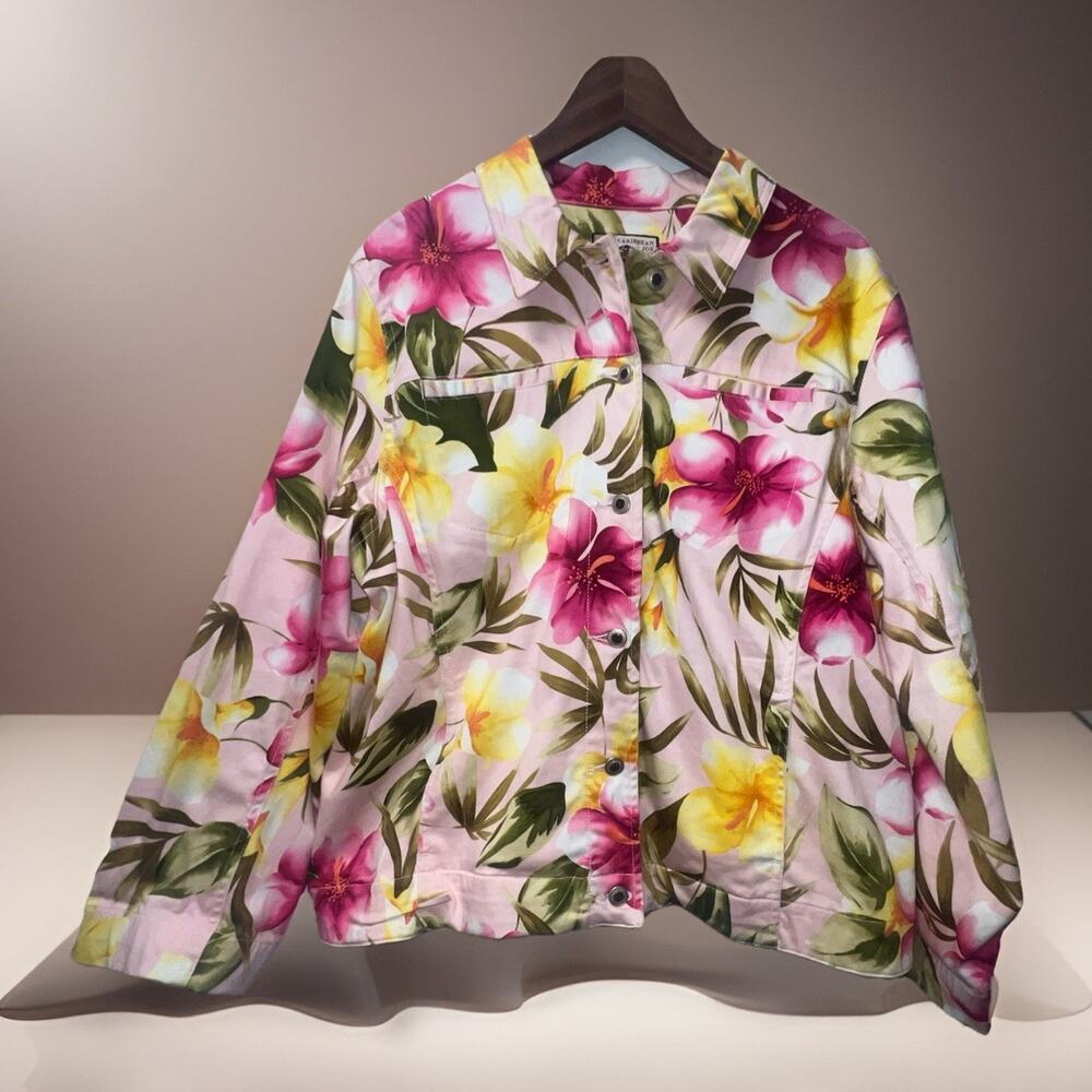 Caribbean Joe Hawaiian Let Go Button Trucker Jacket Women's 2XL Pink Floral
